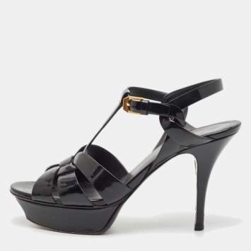 Pre Owned Saint Laurent Black Patent Leather Tribute Sandals Size 37.5