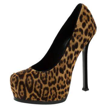 Pre Owned Saint Laurent Paris Leopard Print Pony Hair Tribtoo Platform Pumps Size 38
