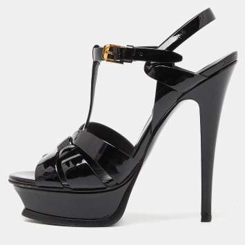 Saint Laurent Black Patent Leather Tribute Ankle Strap Sandals Size 37