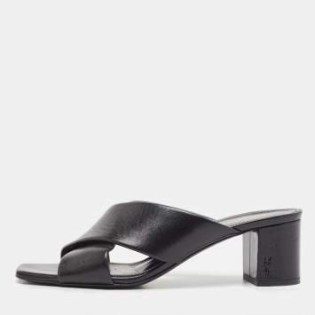 مملوكة مسبقًا Saint Laurent Black Leather Loulou Cross Strap Block Heel Sandals Size 39.5