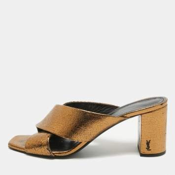 Pre Owned Saint Laurent Metallic Leather LouLou Slide Sandals Size 39