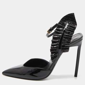 Pre Owned Saint Laurent Black Patent Leather and Watersnake Leather Pointed Toe Slingback Sandals Size 39