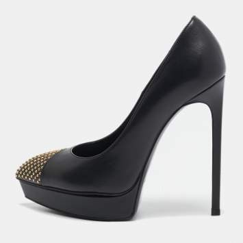 Pre Owned Saint Laurent Black Leather Studded Platform Pumps Size 36