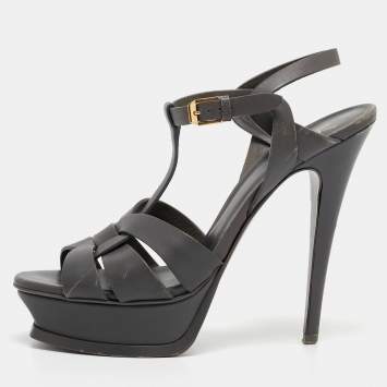 Pre Owned Saint Laurent Grey Leather Tribute Sandals Size 39