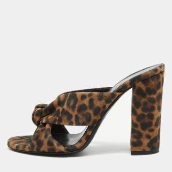 Pre Owned Saint Laurent Brown Leopard Print Suede Loulou Slide Sandals Size 36