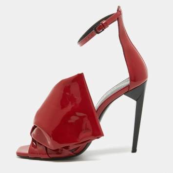 Pre Owned Saint Laurent Red Patent Leather Freja Bow Sandals Size 36
