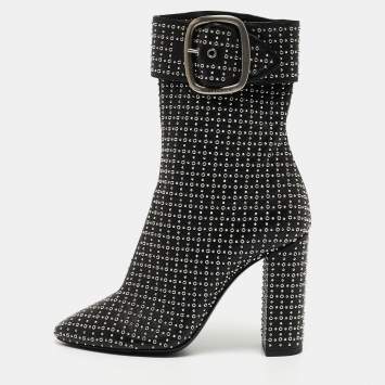 Pre Owned Saint Laurent Black Leather Buckle Ankle Boots Size 37