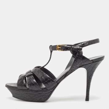 Pre Owned Saint Laurent Black Croc Embossed Leather Tribute Sandals Size 40.5