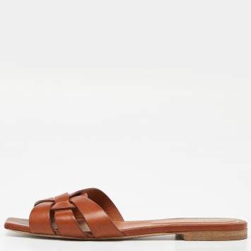 Pre Owned Saint Laurent Brown Leather Tribute Slides Size 36.5