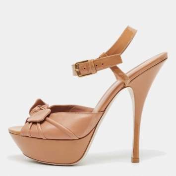 Pre Owned Saint Laurent  Brown Leather and Patent Ankle Strap Sandals Size 40