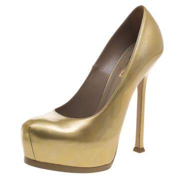 Pre Owned Saint Laurent Paris Gold Patent Leather Tribtoo Platform Pumps Size 38