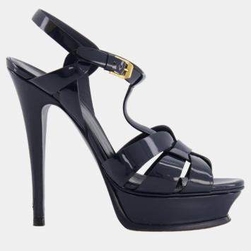 مملوكة مسبقًا Saint Laurent Navy Patent Leather Tribute Platform Heels Size 37