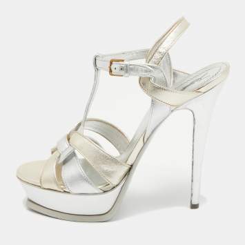 Pre Owned Saint Laurent Paris Silver/Gold Leather Tribute Platform Ankle Strap Sandals Size 40.5