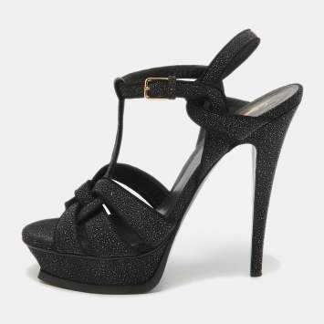 Pre Owned Saint Laurent Black Textured Suede Tribute Ankle Strap Sandals Size 40.5
