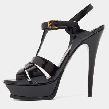 Pre Owned Saint Laurent Black Patent Leather Tribute Sandals Size 37