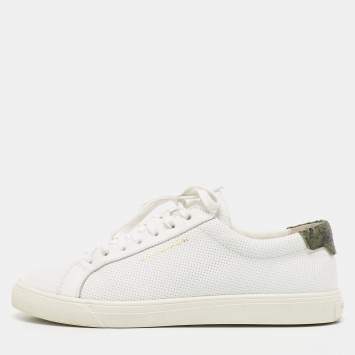 Pre Owned Saint Laurent White Leather and Python Embossed  Andy Sneakers Size 37.5
