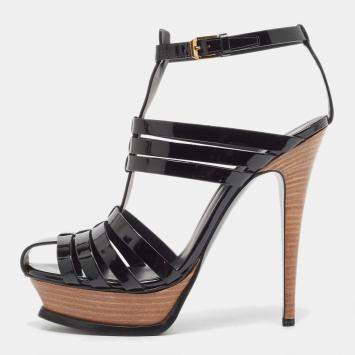Pre Owned Saint Laurent Black Patent Leather Tribute Woodstock Sandals Size 38.5