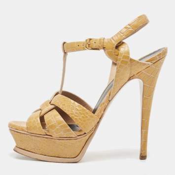 مملوكة مسبقًا Saint Laurent Yellow Croc Embossed Leather Tribute Sandals Size 36.5
