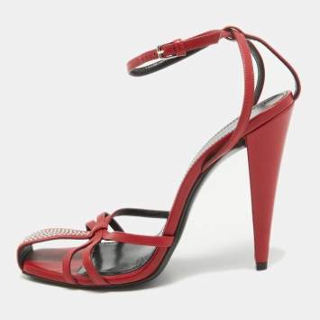 Pre Owned Saint Laurent Red Leather Studded Ankle Strap Sandals Size 38