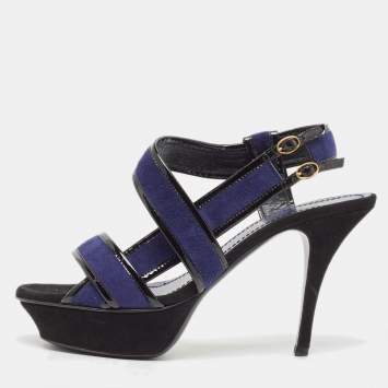 Saint Laurent Navy Blue/Patent Leather Platform Ankle Strap Sandals Size 37.5