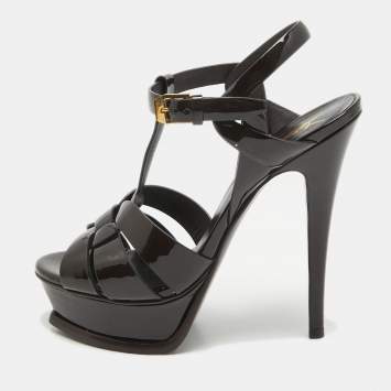 Pre Owned Saint Laurent Burgundy Patent Leather Tribute Sandals Size 36