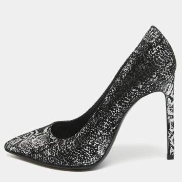 Pre Owned Saint Laurent Black/Silver Laminated Suede Pointed Toe Pumps Size 38