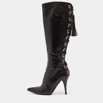 Pre Owned Yves Saint Laurent Brown Leather  Lace Up Midcalf Boots Size 37.5