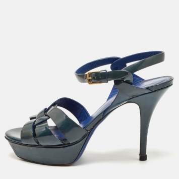 Pre Owned Saint Laurent Green Patent Tribute Sandals Size 38