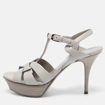 Pre Owned Saint Laurent Grey Leather Tribute Platform Sandals Size 38.5