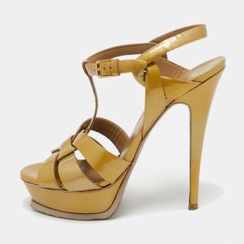 Pre Owned Saint Laurent Gold Patent Leather Tribute Platform Sandals Size 38