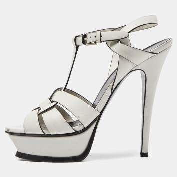 Pre Owned Saint Laurent White Leather Tribute Ankle Strap Sandals Size 37