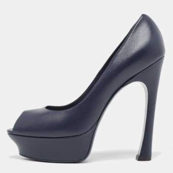 Pre Owned Saint Laurent Navy Blue Leather Palais Peep Toe Pumps Size 38.5