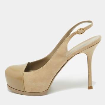 Saint Laurent Beige Suede and Leather Tribtoo Slingback Pumps Size 38.5