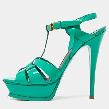 Pre Owned Saint Laurent Green Patent Leather Tribute  Sandals Size 38.5