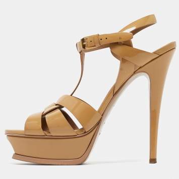 Pre Owned Saint Laurent Beige Patent Leather Tribute Sandals Size 39