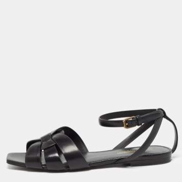 Pre Owned Saint Laurent Black Leather Tribute Ankle Strap Sandals Size 37