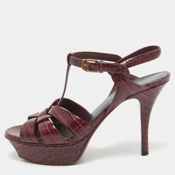 Pre Owned Saint Laurent  Burgundy Croc Embossed Leather Tribute  Sandals Size 36