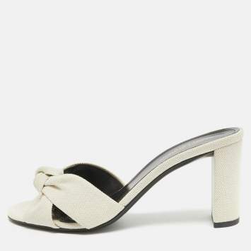 Pre Owned Saint Laurent White Canvas Bianca Slide Sandals Size 39