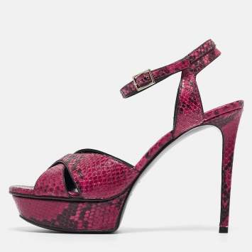 Pre Owned Saint Laurent Pink/Black Embossed Snakeskin Tribute Sandals Size 38