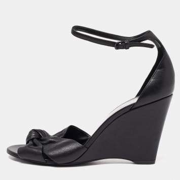 Pre Owned Saint Laurent Black Leather Ankle Strap Wedge Sandals Size 38