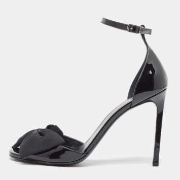 Pre Owned Saint Laurent Black Patent  Jane Bow Ankle Strap Sandals Size 38.5