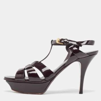 Pre Owned Saint Laurent  Burgundy Patent Tribute Sandals Size 38.5