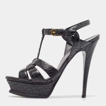 Pre Owned Saint Laurent Black Embossed Crocodile Tribute Sandals Size 36.5