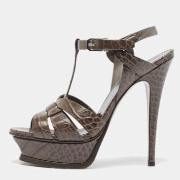 Pre Owned Saint Laurent Grey Embossed Crocodile Tribute Sandals Size 36