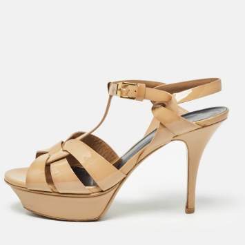 Pre Owned Saint Laurent Beige Patent Leather Tribute Platform Sandals Size 37.5