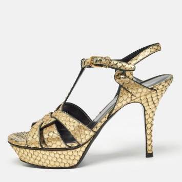 Pre Owned Saint Laurent Metallic Gold Python Embossed Leather Tribute Sandals Size 40