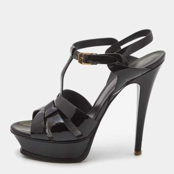 Pre Owned Saint Laurent Black Patent Tribute Ankle Sandals Size 37.5 