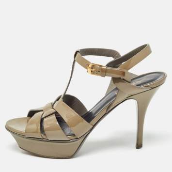 Pre Owned Saint Laurent Green Patent Tribute Ankle Strap Sandals Size 37.5