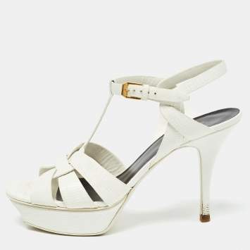Pre Owned Saint Laurent White Lizard Embossed Leather Tribute Sandals Size 40