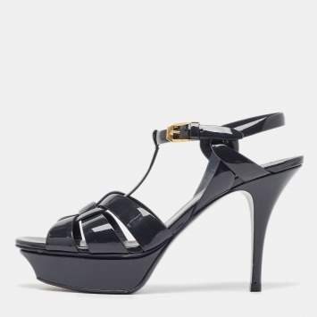 Pre Owned Saint Laurent Navy Blue Patent Tribute Sandals Size 38